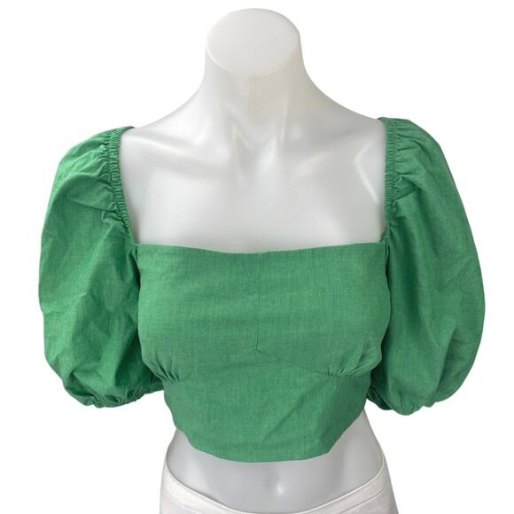 Zara Green Short Puff Sleeve Tie Lace Back Square Neck Blouse Crop Top Size L - Picture 1 of 3